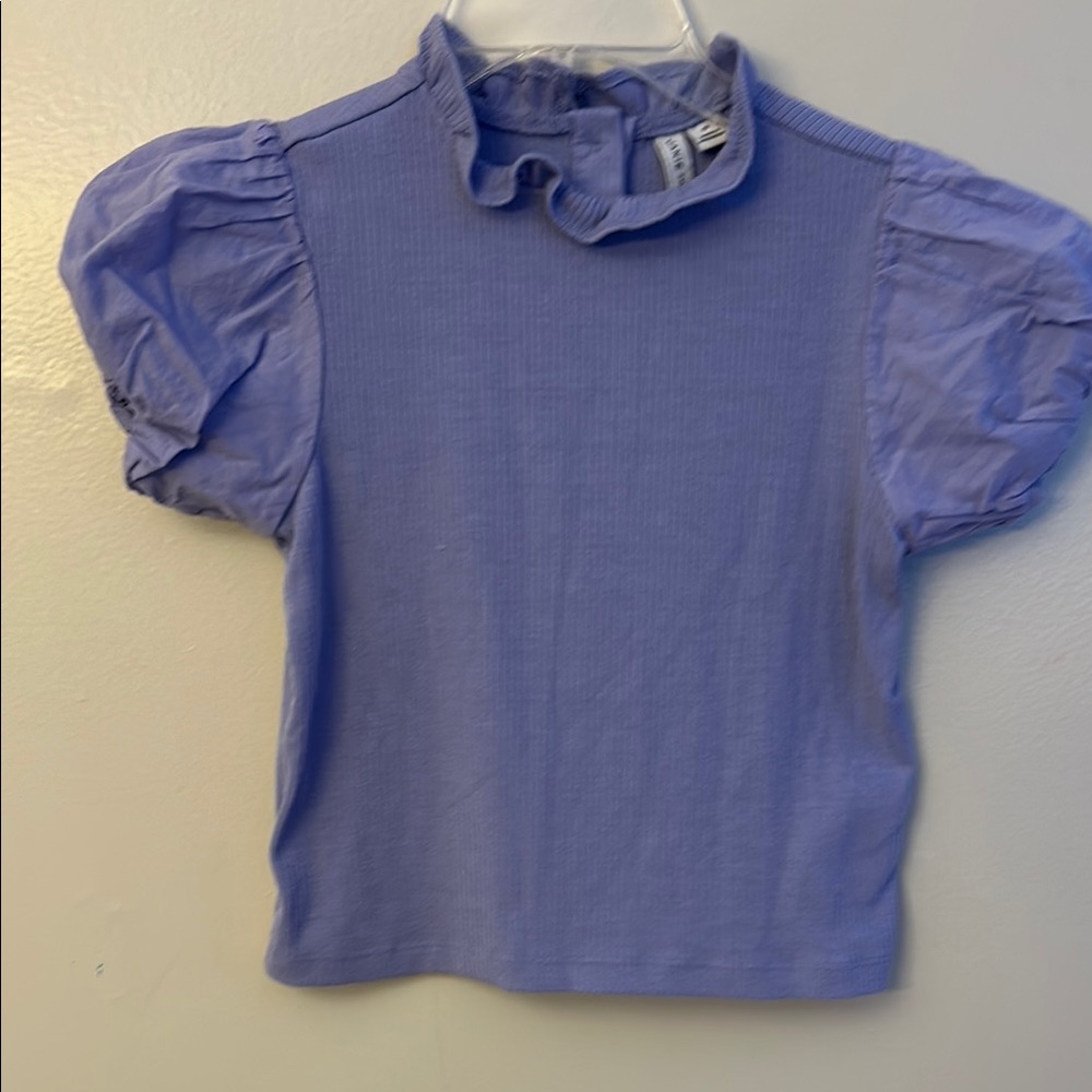 Blue Puff Sleeve Blouse with Ruffled Neckline